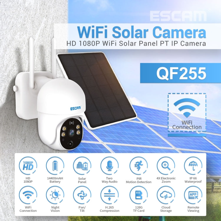 ESCAM QF255 2.0 Million Pixels 1080P HD WiFi Solar Camera, Support Two-way Voice & PIR Motion Detection & Night Vision & TF Card, QF255 ESCAM QF255 2.0 Million Pixels 1080P HD WiFi Solar Camera, Support Two-way Voice & PIR Motion Detection & Night Vision & TF Card, QF255